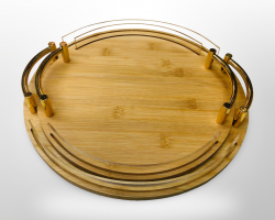 طقم صوانيوجه خشب بامبو مدور جوانب حيف اكريليك وايدي ذهبي قطعتين